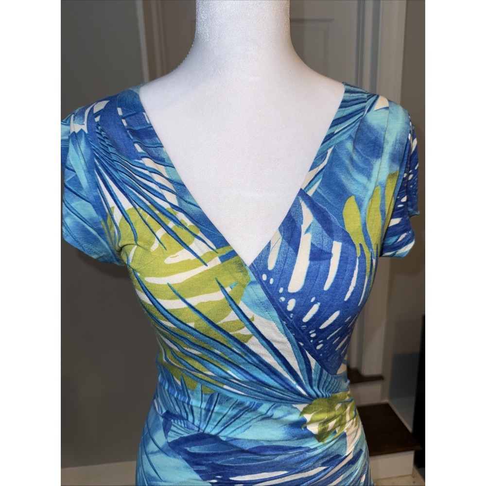 Cache Dress Womens Small V Neck Wrap Stretch Blue Faux Wrap Vintage Tropical - Picture 3 of 7